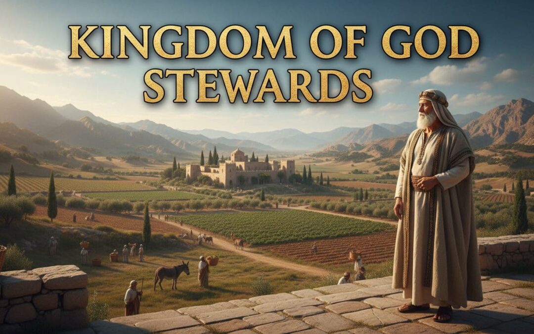 An ancient household steward oversees an estate, illustrating the principles of Biblical stewardship. Bold, standout title text reads 'Kingdom Of God Stewards'.