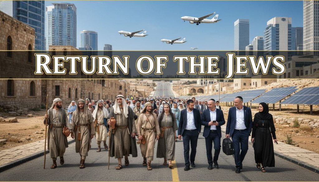 A realistic depiction of Jews from the time of Jesus walking alongside modern Jews in Israel, blending ancient and contemporary buildings, with planes arriving carrying more Jews.