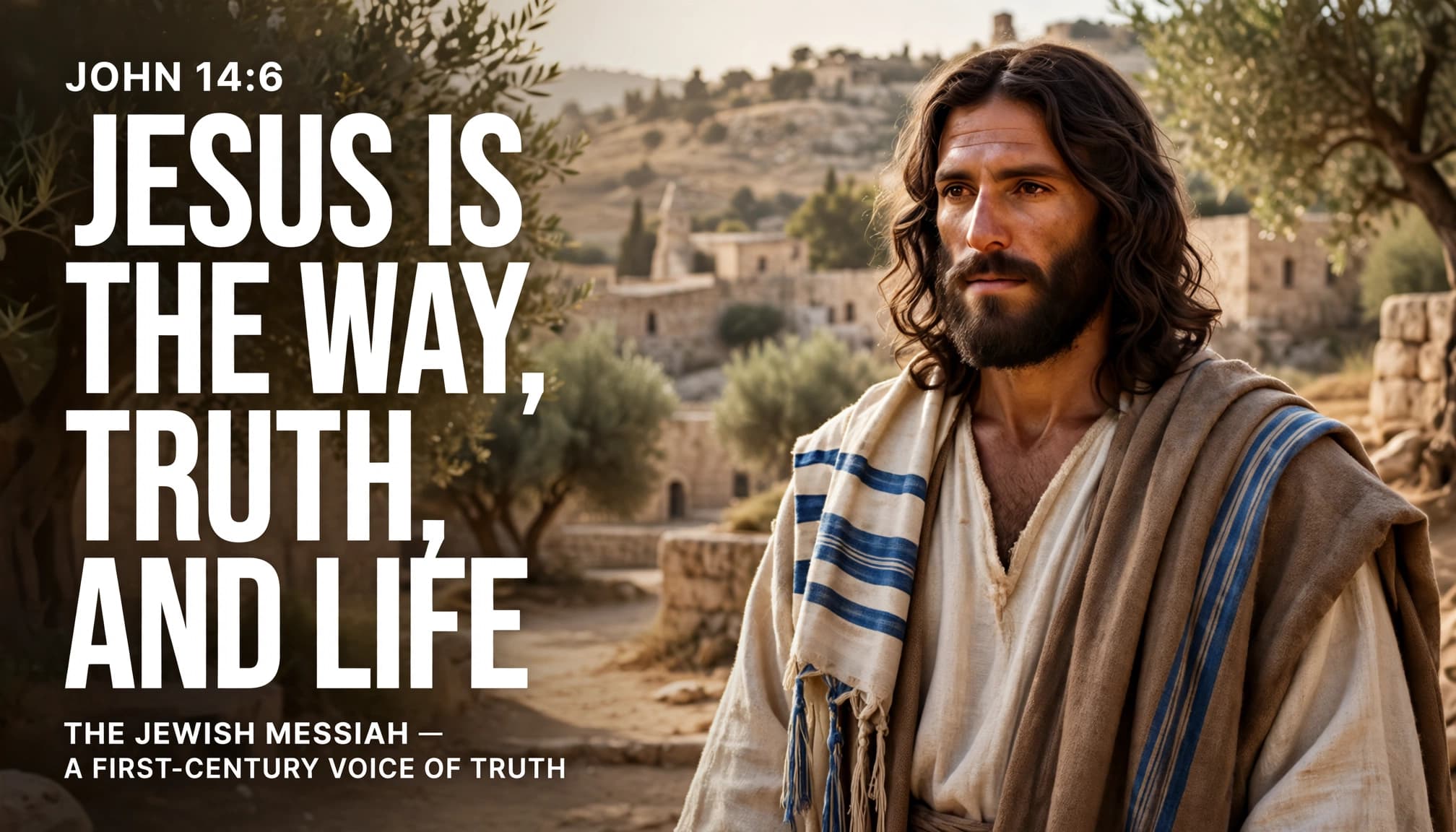 Editorial depiction of Jesus in a first-century Jewish setting wearing cream garments with deep blue stripes, with the embedded words “Jesus is the way, truth, and life” and John 14:6
